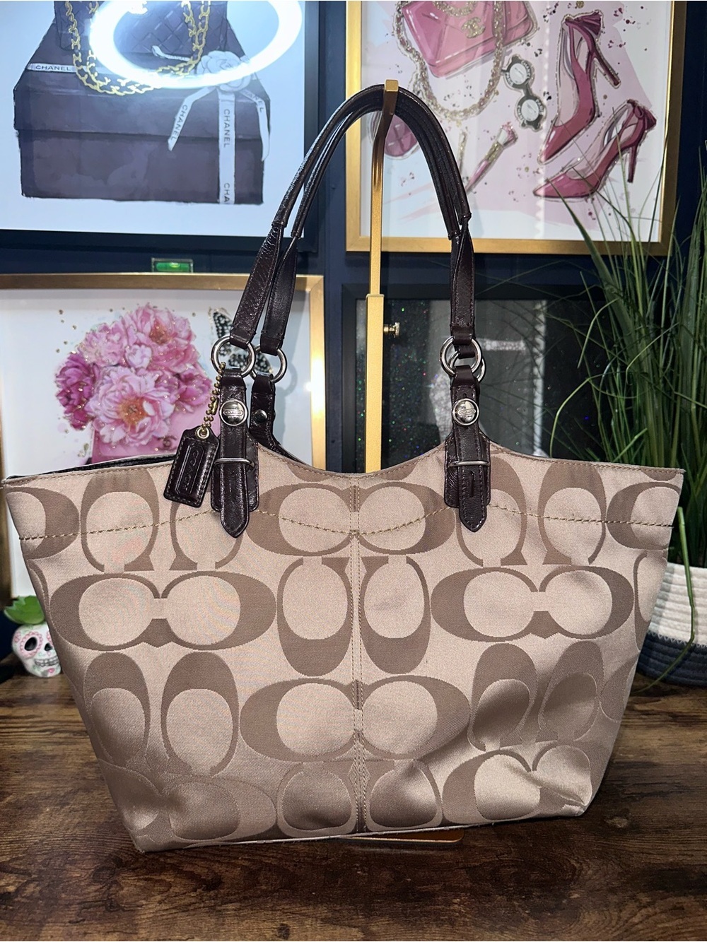 2010 Coach Beige/Taupe Signature Tote with Dark Brown Leather Handles